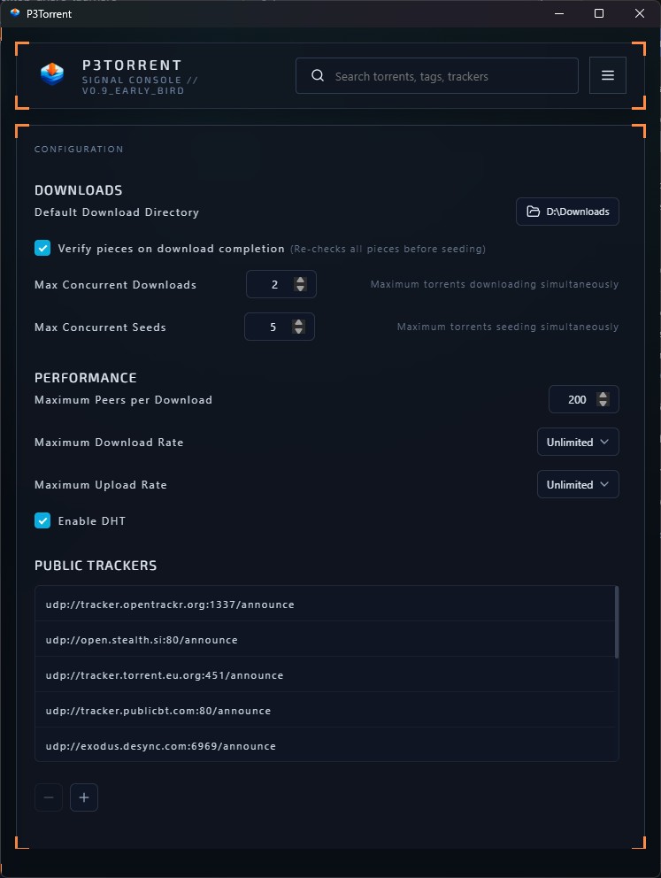 P3Torrent Settings Panel